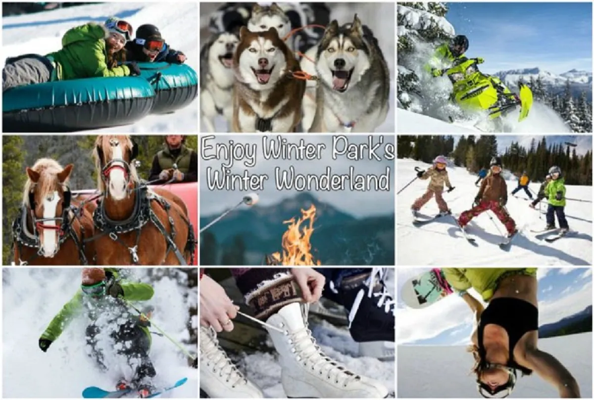A bustling winter scene with people tubing down snowy hills, children building snowmen and playing in the snow, a friendly team of huskies preparing for sledding, and a cozy fire pit where families gather to warm up. The mood is festive and exciting, with a focus on winter fun for all ages.