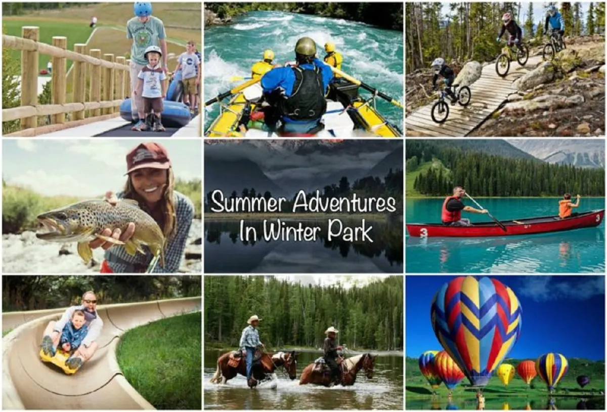 A lively outdoor scene featuring families partaking in a variety of activities like rafting on a river, biking through scenic landscapes, fishing together, and colorful hot air balloons dotting the sky. The overall mood is adventurous and joyful, emphasizing multigenerational fun in the great outdoors.
